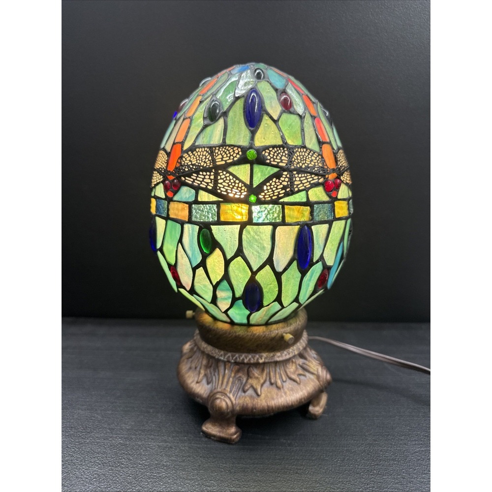 Dale Tiffany Dragonfly Motif Egg Shaped Stained Glass Accent Lamp